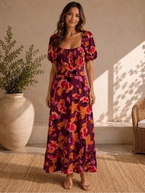 Clover and Sloane Floral Printed Puff-Sleeve Smocked Waist Maxi Dress in Plum 6P